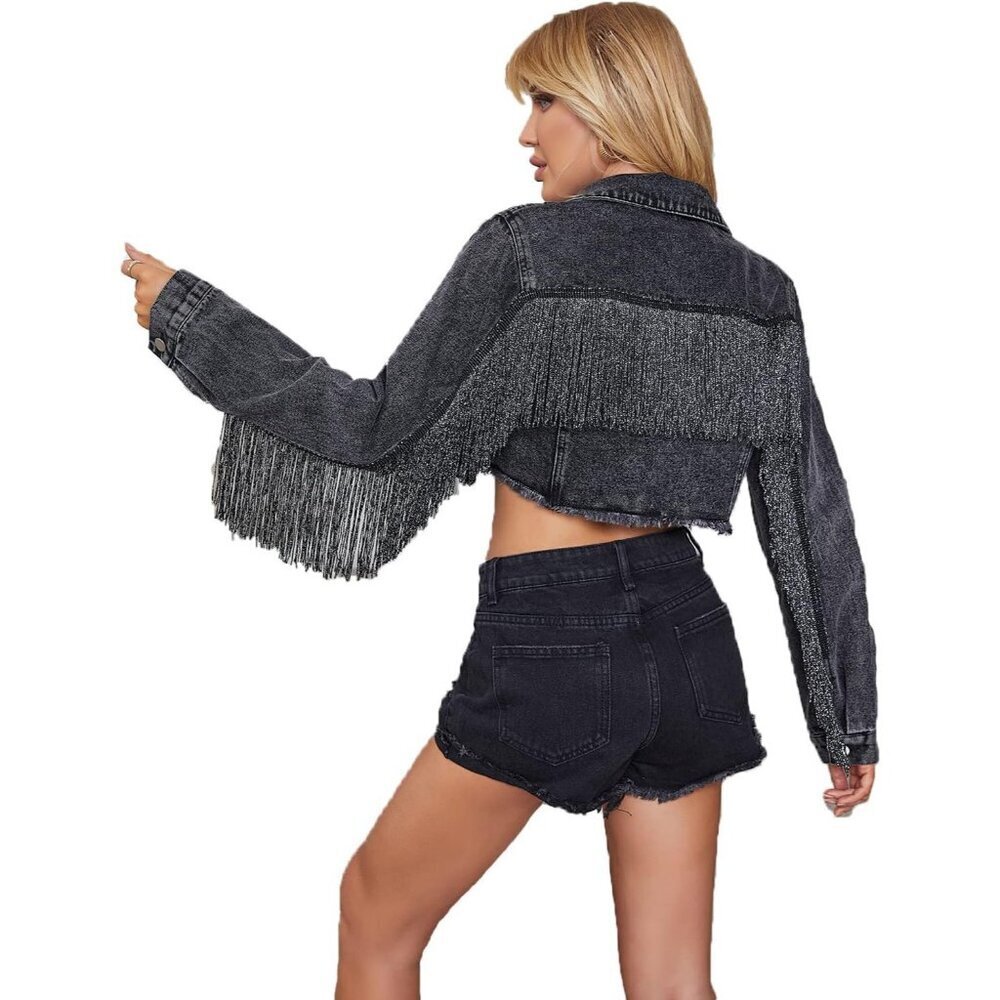 Women’s Crop Denim Jacket Tassel Casual Jean With Fringe Long Sleeves S107Black
